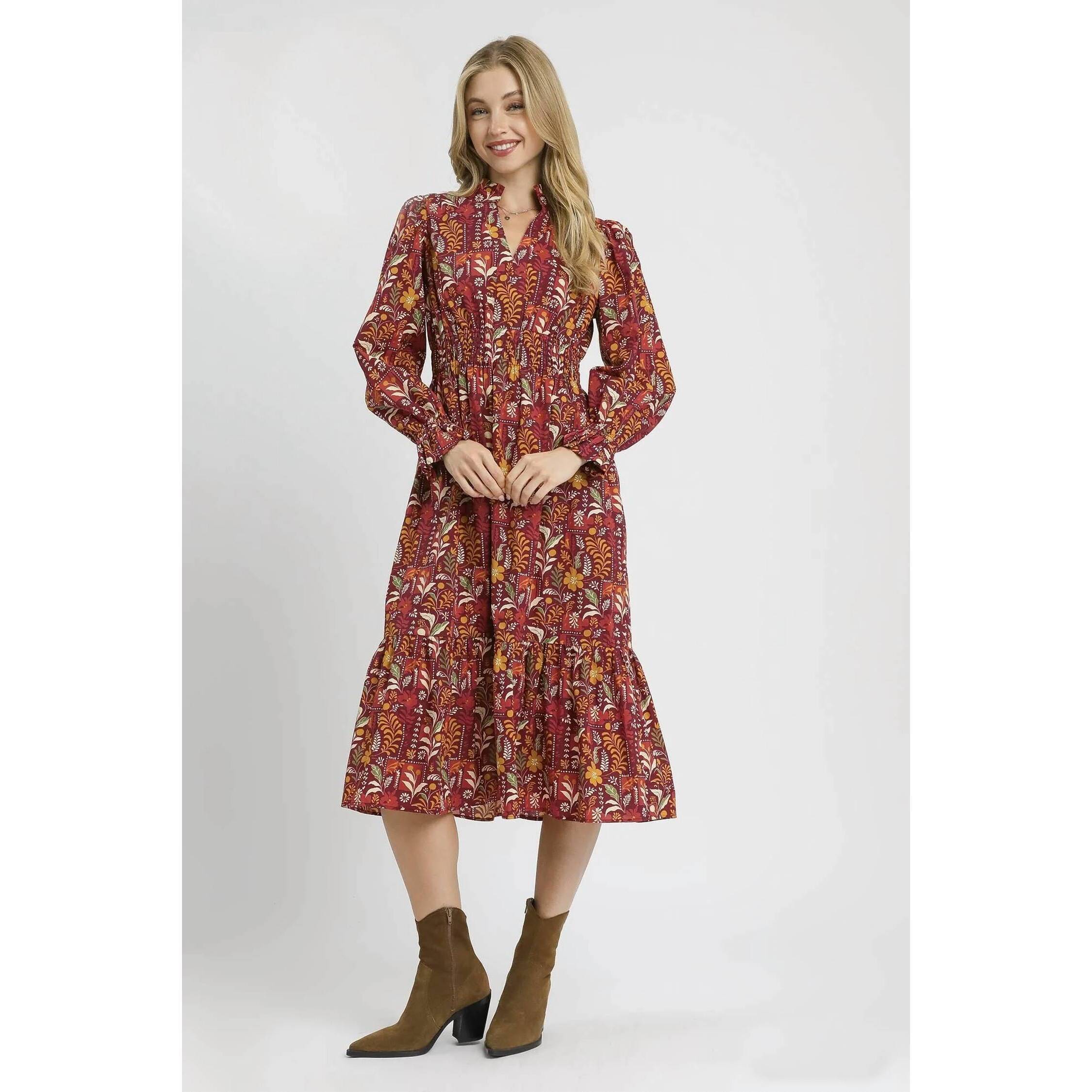 New Umgee Floral Midi Dress With Smocked Waist In Burgundy